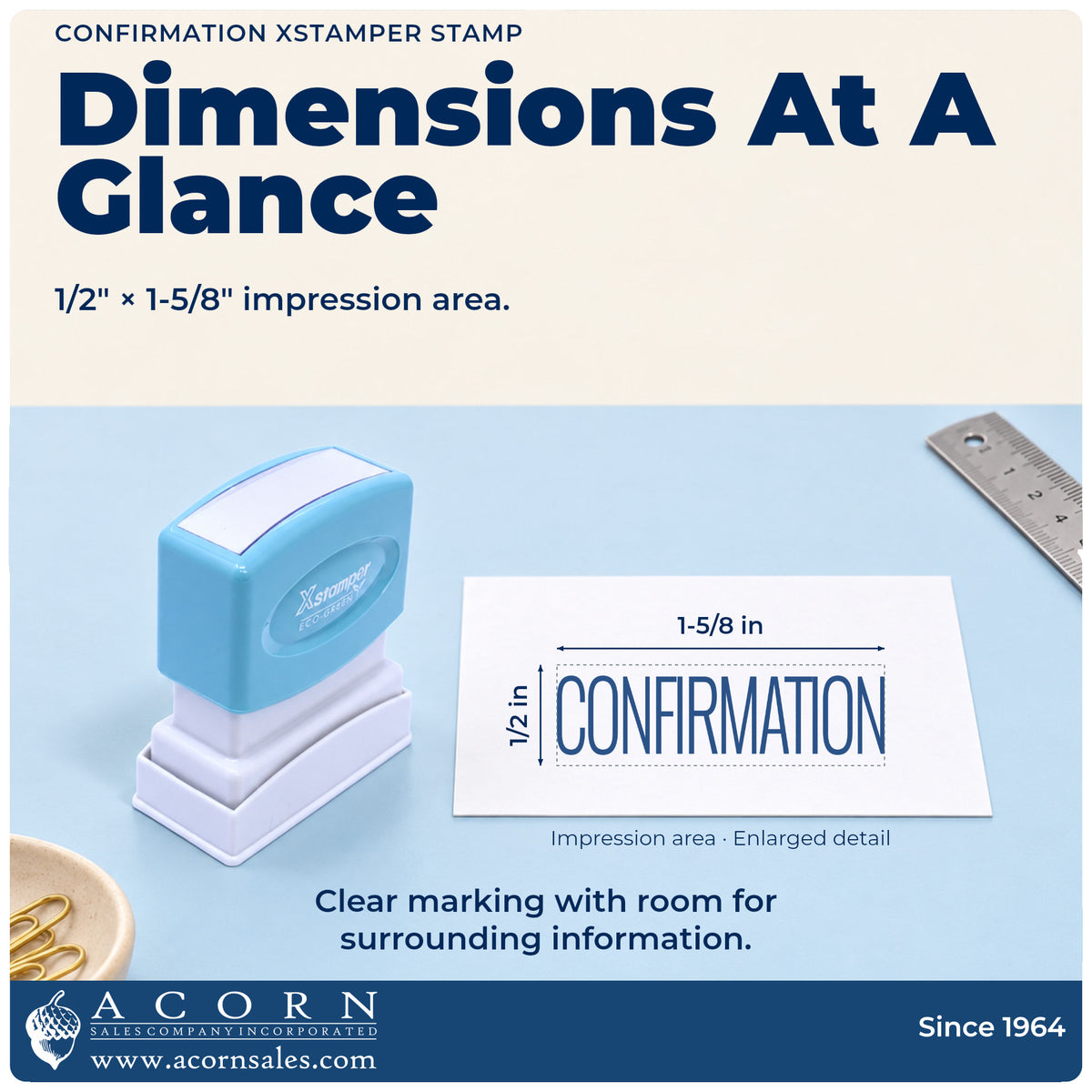 Impression size guide: the "Confirmation" imprint measures 1/2 x 1-5/8 in