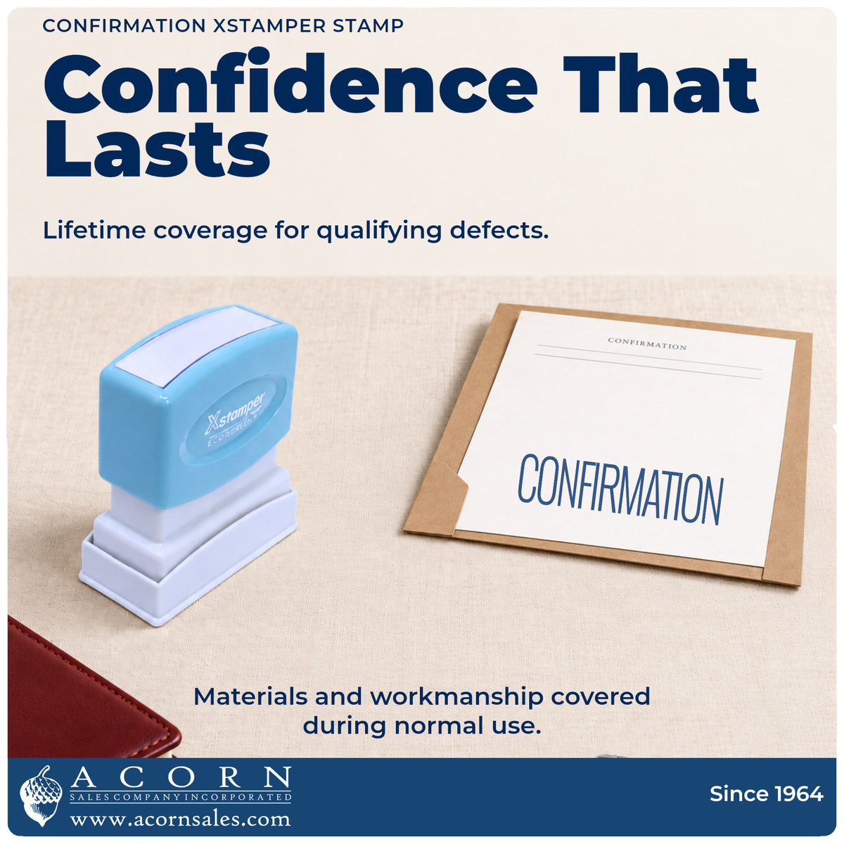 Lifetime guarantee graphic shown with the Confirmation Stamp from Acorn Sales