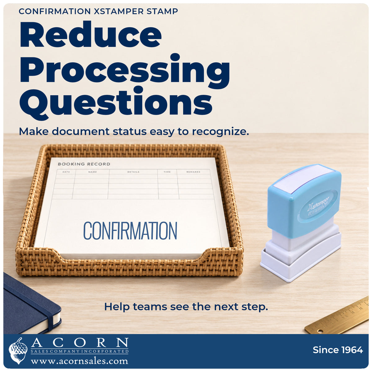 Office workflow showing where the "Confirmation" stamp marks documents