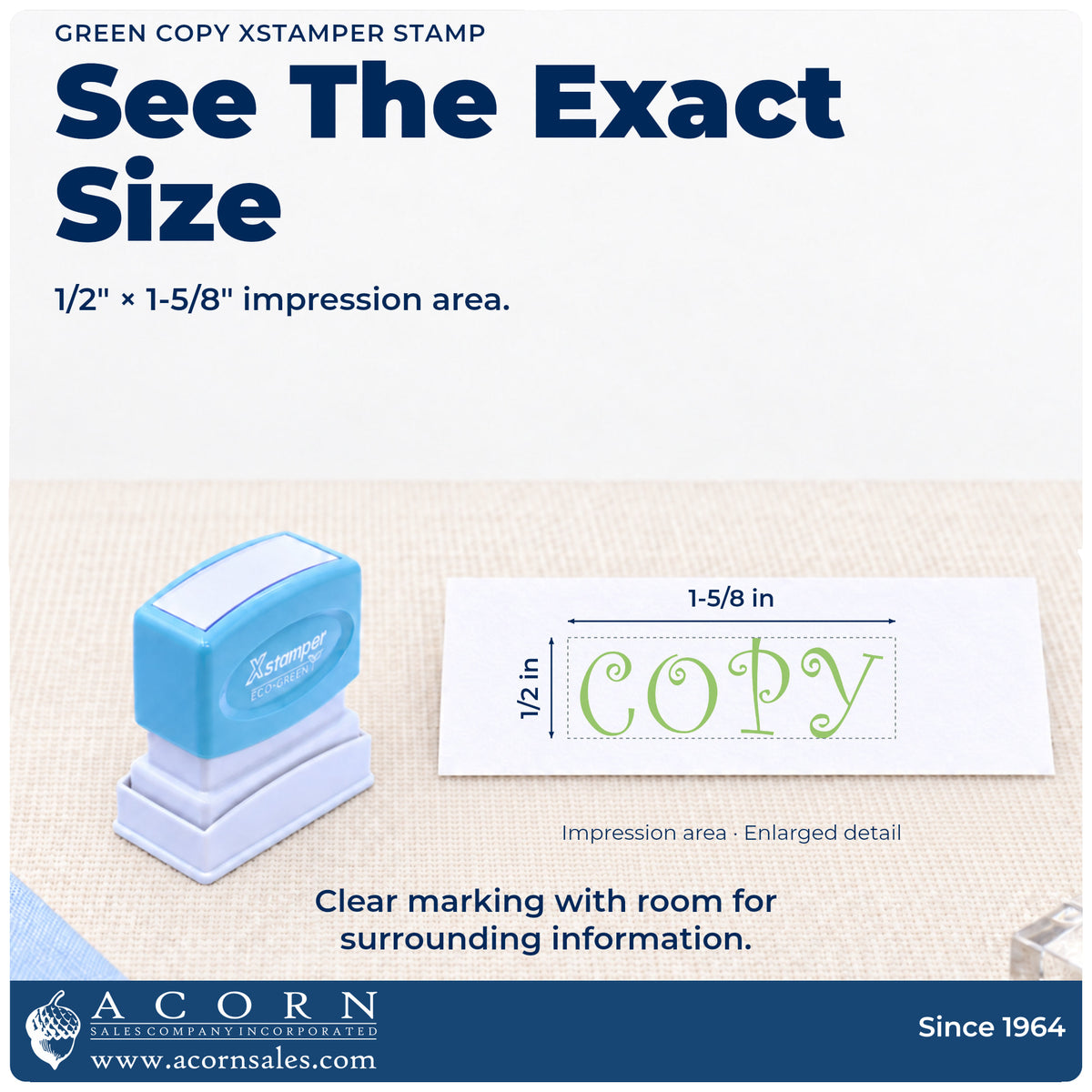 Impression size guide: the "Copy" imprint measures 1-5/8 x 1/2 in