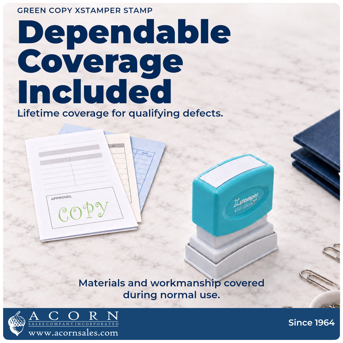 Lifetime guarantee graphic shown with the Green Copy Stamp from Acorn Sales