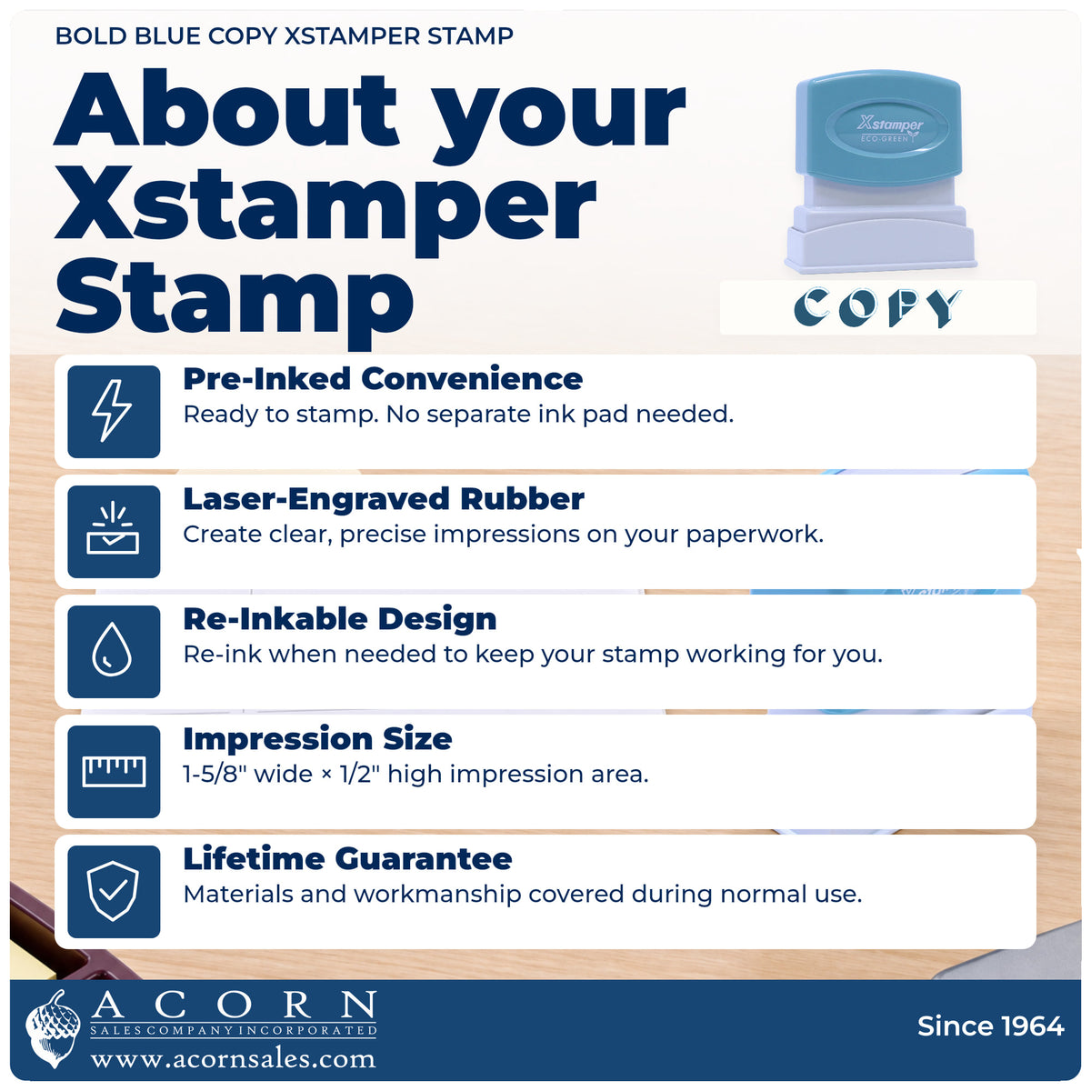 About your Xstamper Copy Stamp – Bold Blue Pre-Inked: Xstamper 1336 pre-inked stock stamp facts