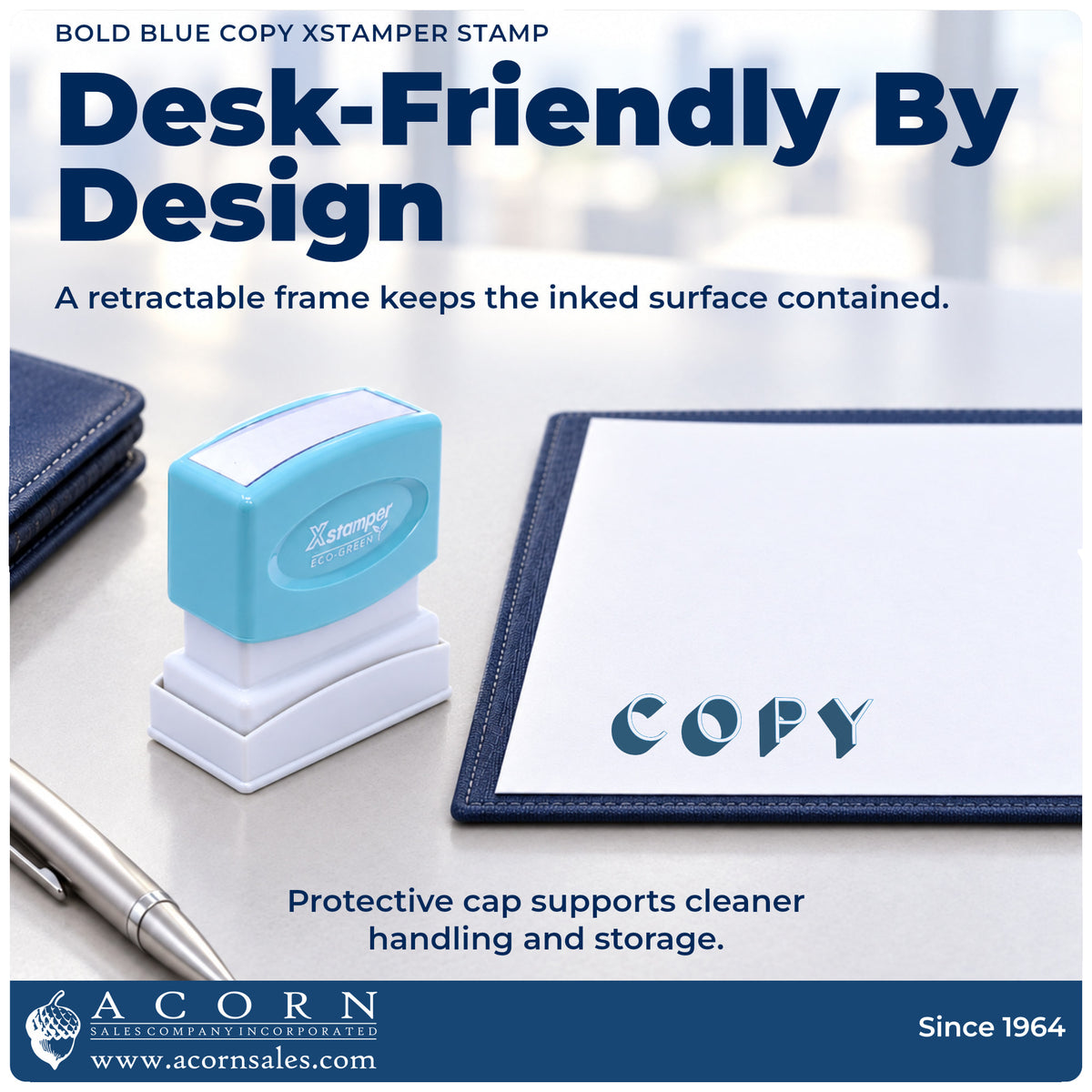 Features of the Xstamper Copy Stamp – Bold Blue Pre-Inked: pre-inked Xstamper 1336, 1/2 x 1-5/8 in imprint