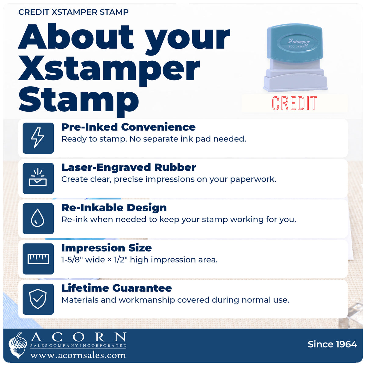 About your Xstamper Credit Accounting Stamp: Xstamper 1019 pre-inked stock stamp facts