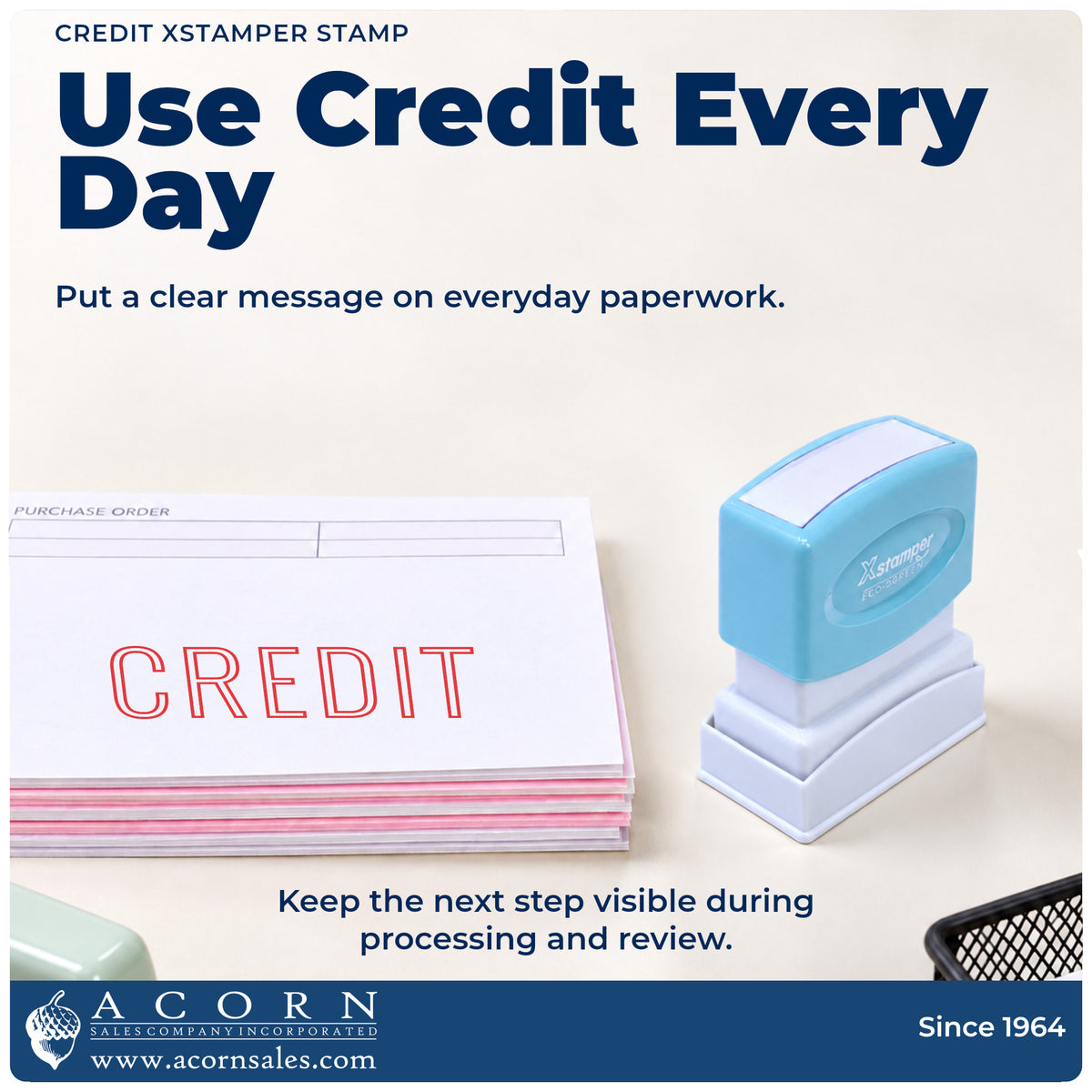 Xstamper Credit Accounting Stamp being pressed to leave an imprint reading "Credit"