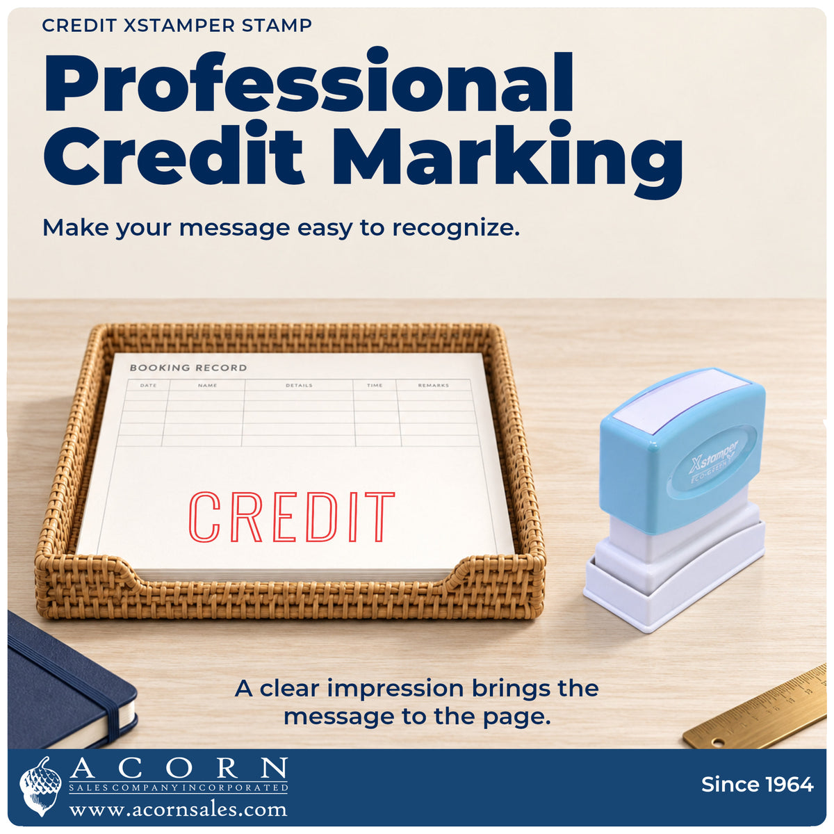 "Credit" imprint on office paperwork beside the Xstamper Credit Accounting Stamp