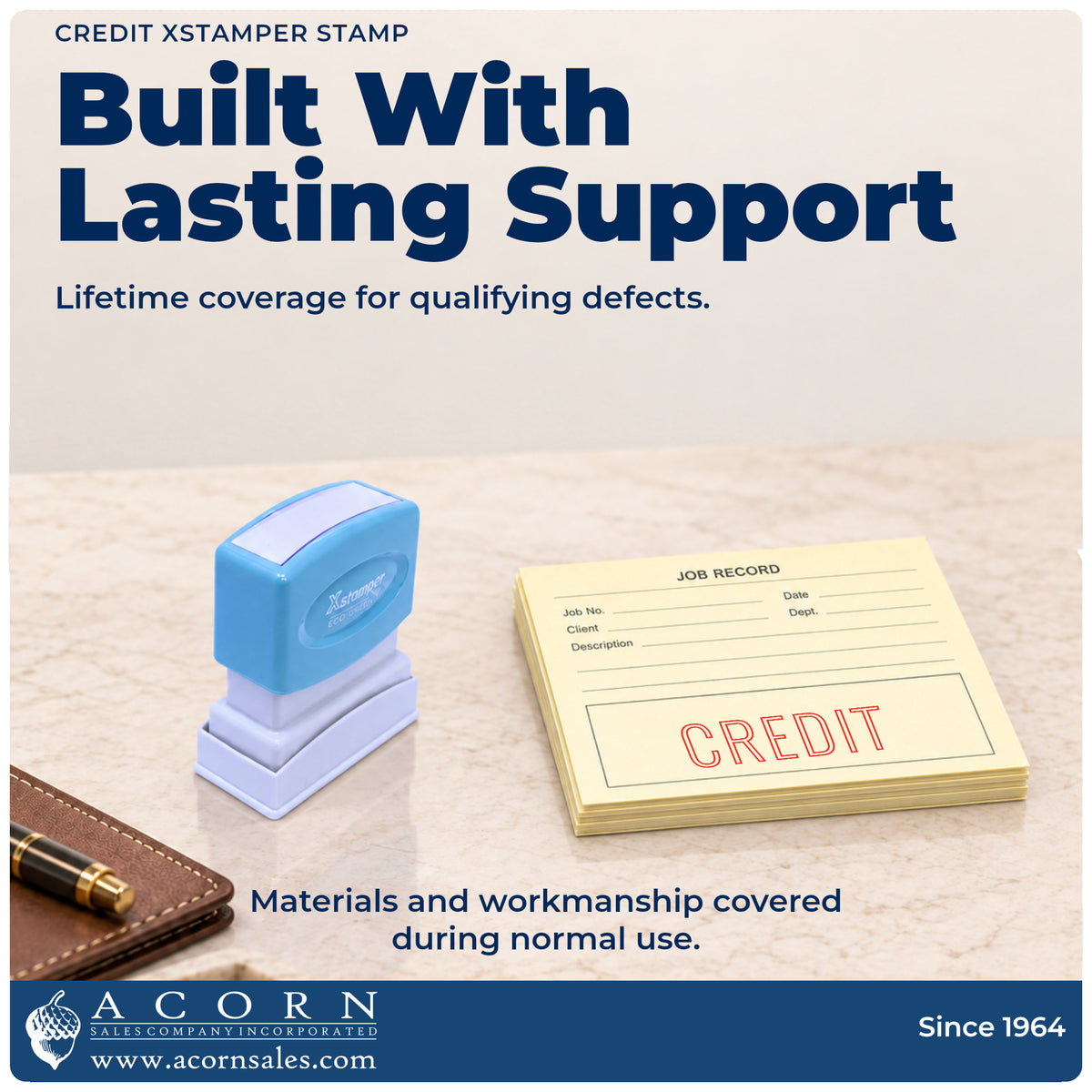 Lifetime guarantee graphic shown with the Xstamper Credit Accounting Stamp from Acorn Sales