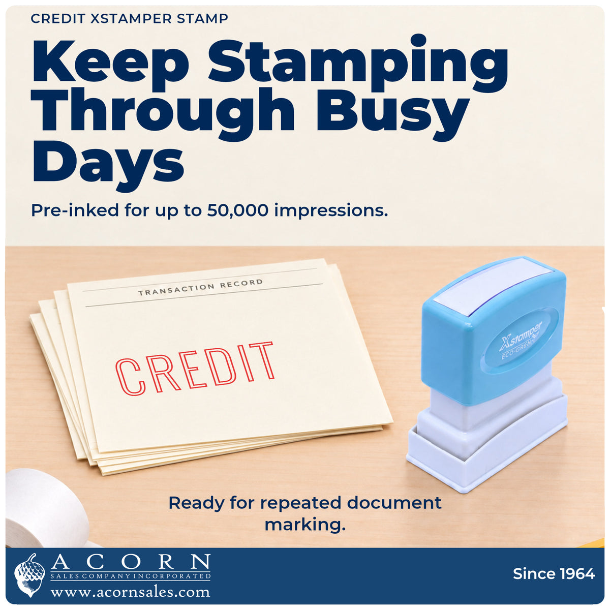 Re-inkable pre-inked build of the Xstamper Credit Accounting Stamp shown in detail