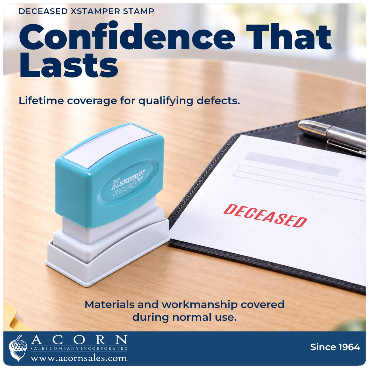 Lifetime guarantee graphic shown with the Deceased Record Stamp from Acorn Sales