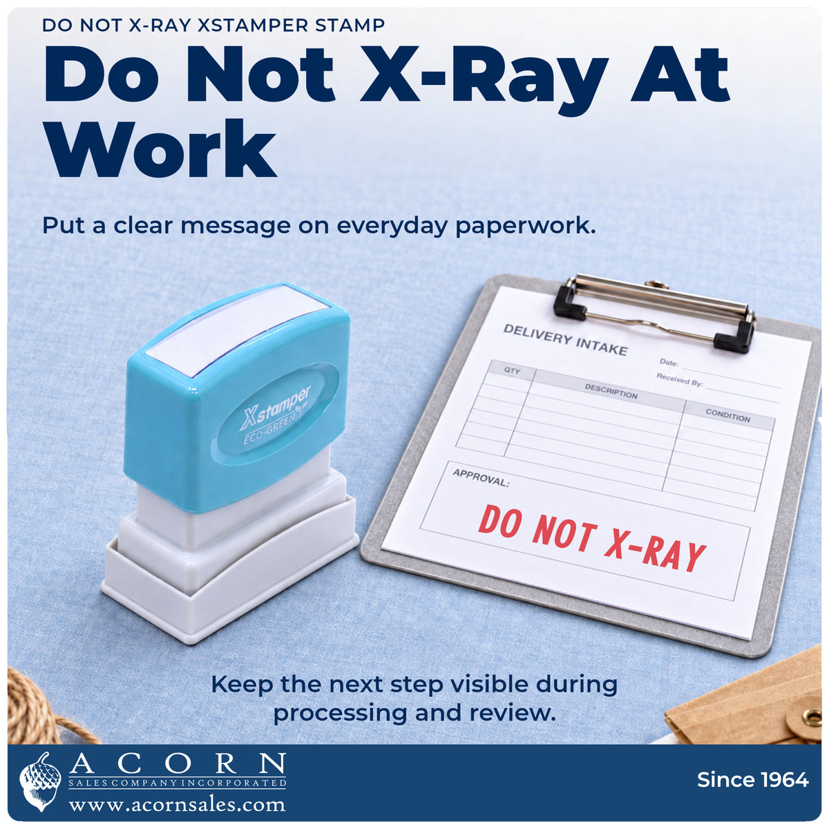Xstamper Do Not X-Ray Stamp being pressed to leave an imprint reading "Do not x-ray"
