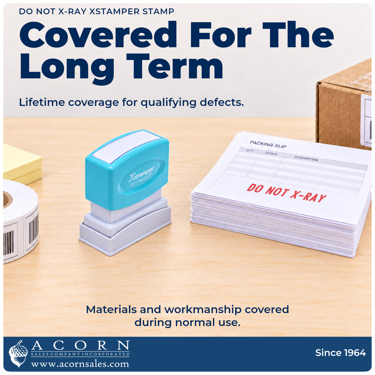 Lifetime guarantee graphic shown with the Xstamper Do Not X-Ray Stamp from Acorn Sales