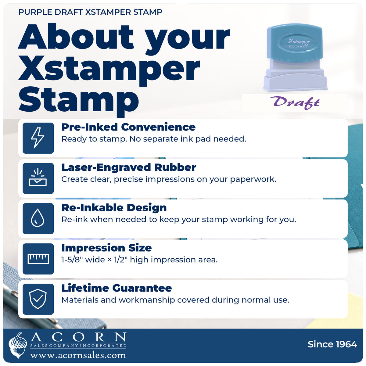 About your Purple Draft Review Stamp: Xstamper 1819 pre-inked stock stamp facts