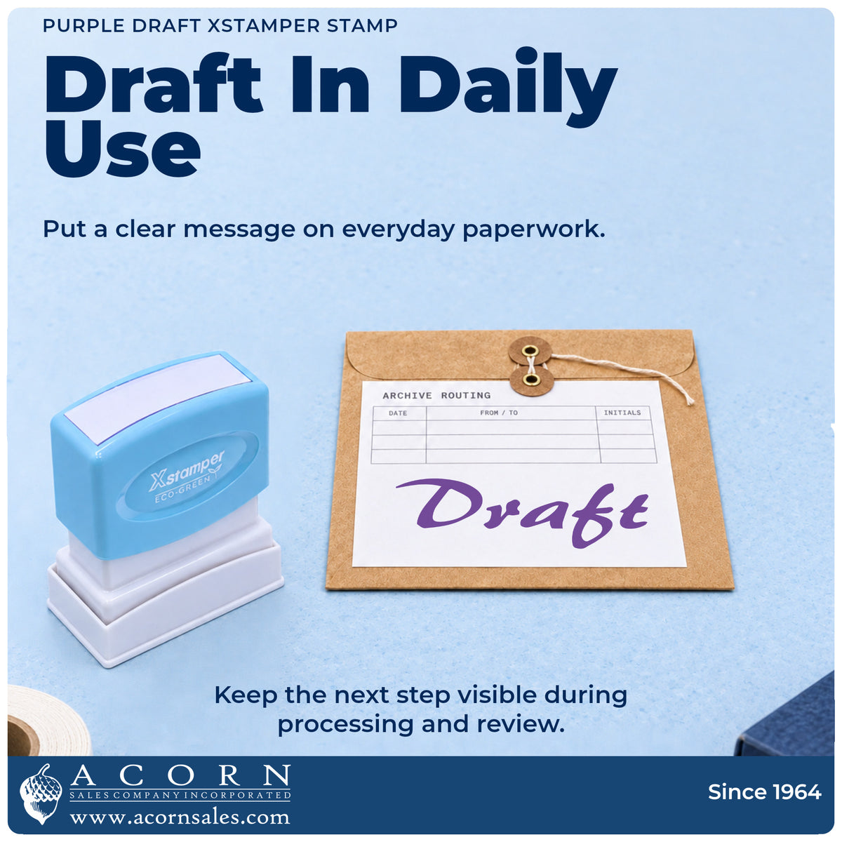 Purple Draft Review Stamp being pressed to leave an imprint reading "Draft"