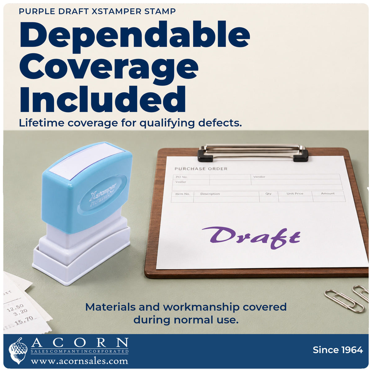 Lifetime guarantee graphic shown with the Purple Draft Review Stamp from Acorn Sales