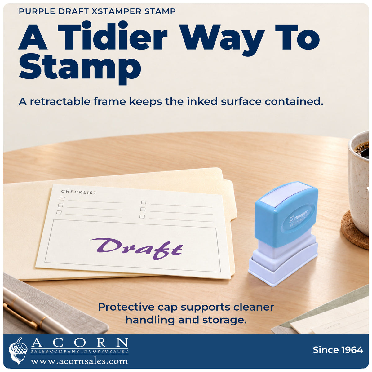 Features of the Purple Draft Review Stamp: pre-inked Xstamper 1819, 1/2 x 1-5/8 in imprint