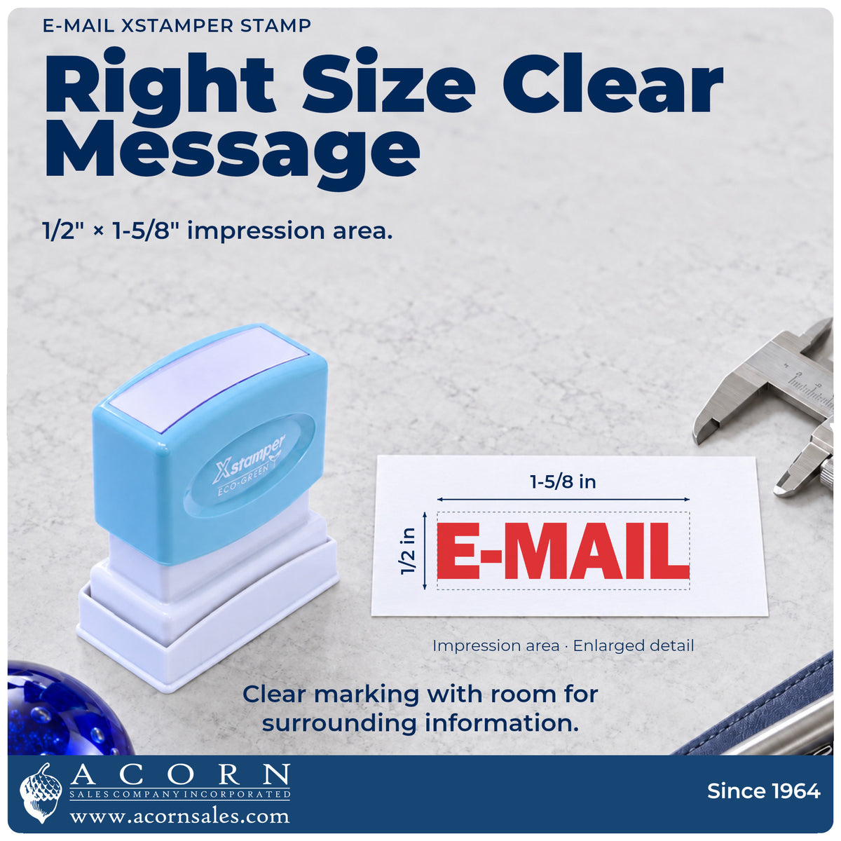 Impression size guide: the "E-mail" imprint measures 1-5/8 x 1/2 in
