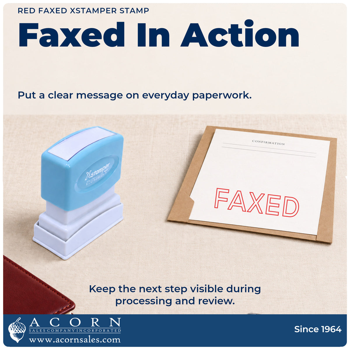 Faxed Stamp For Fax Paperwork – Red Pre-Inked Xstamper being pressed to leave an imprint reading "Faxed"