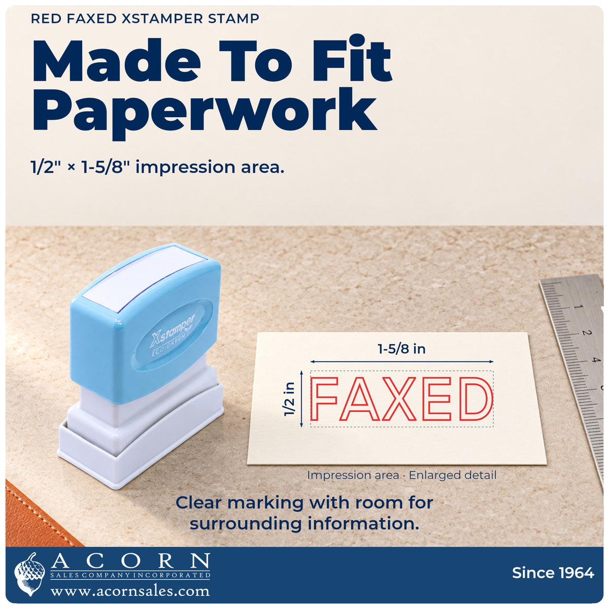 Impression size guide: the "Faxed" imprint measures 1-5/8 x 1/2 in