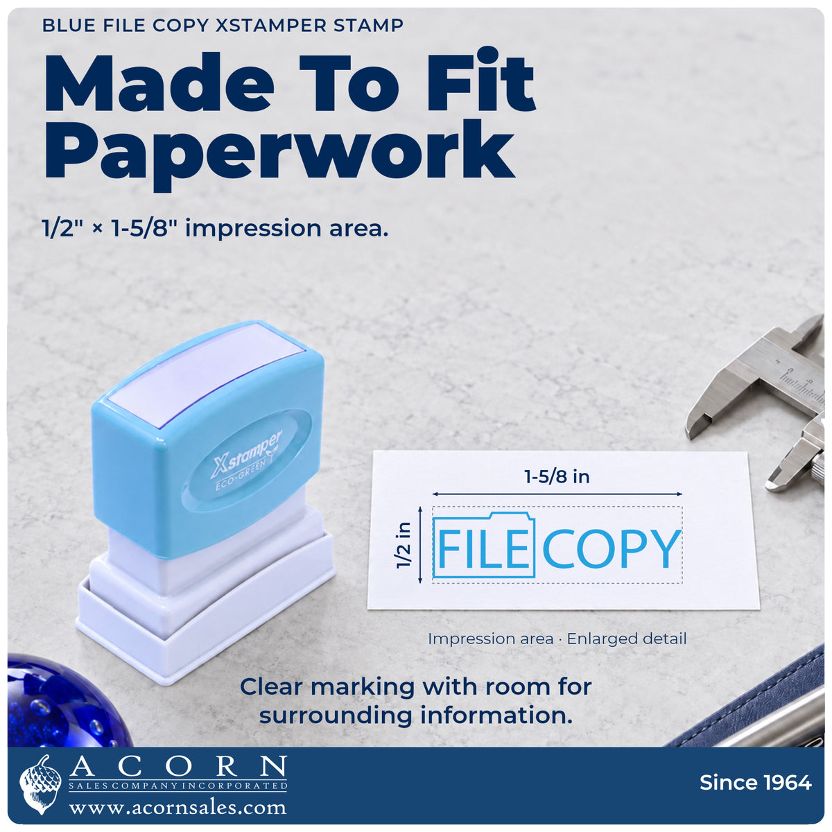 Impression size guide: the "File copy" imprint measures 1-5/8 x 1/2 in