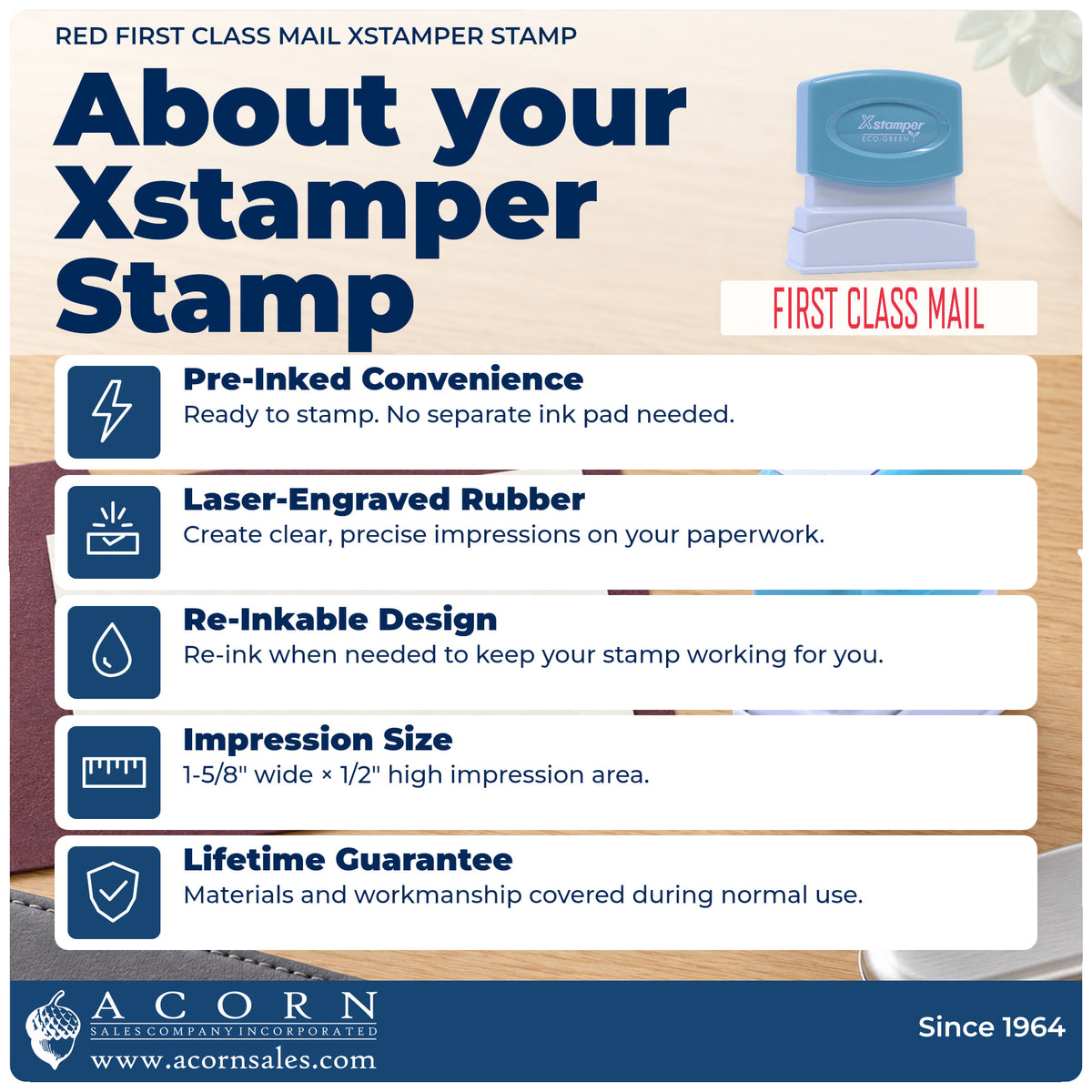 About your First Class Mail Stamp For Mail Processing – Red Pre-Inked Xstamper: Xstamper 1129 pre-inked stock stamp facts