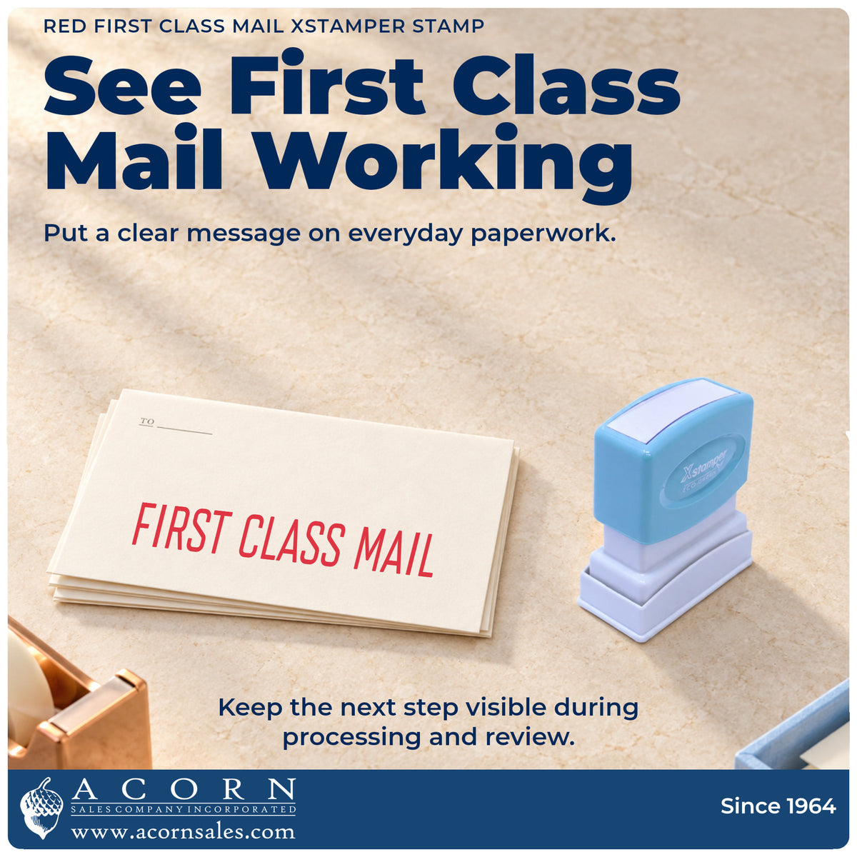 First Class Mail Stamp For Mail Processing – Red Pre-Inked Xstamper being pressed to leave an imprint reading "First class...