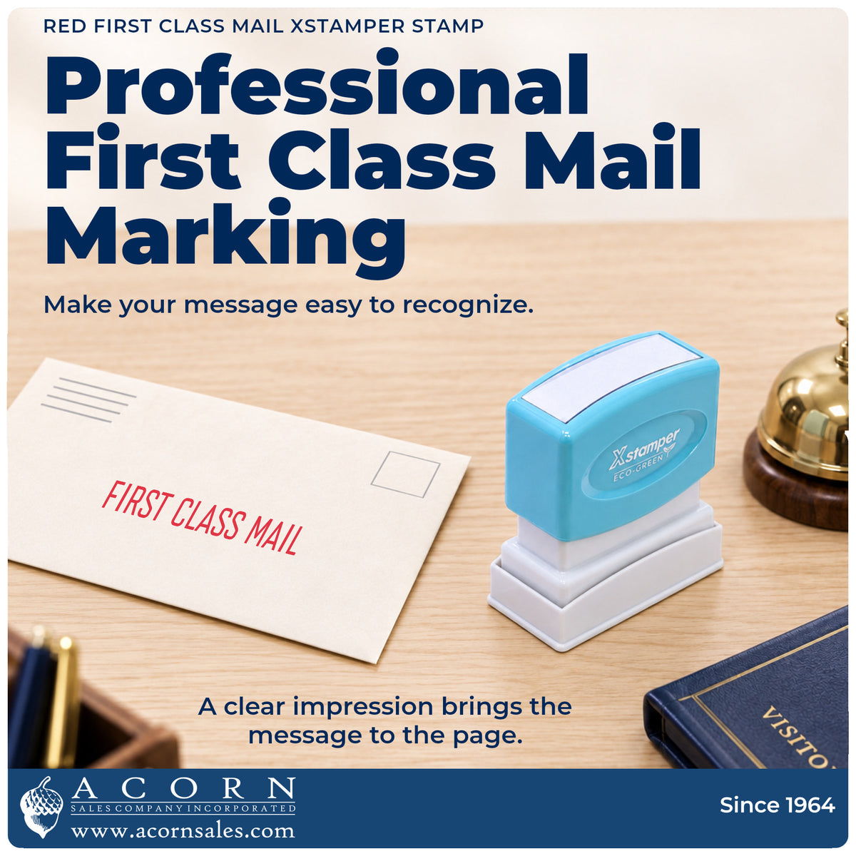 "First class mail" imprint on office paperwork beside the First Class Mail Stamp For Mail Processing – Red Pre-Inked Xstamper