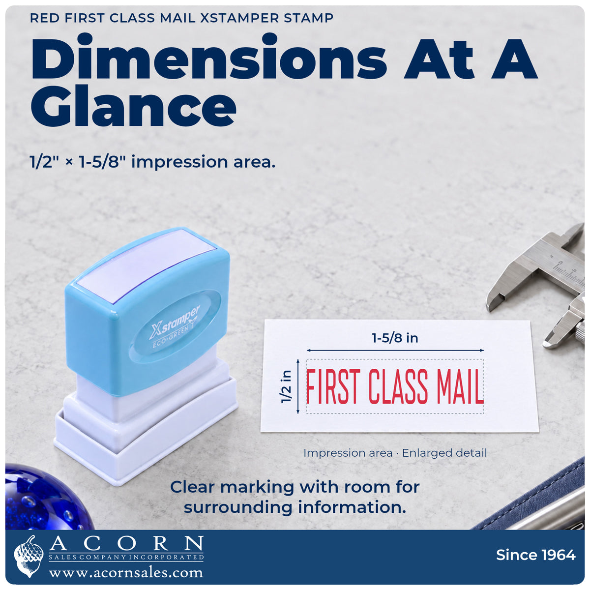 Impression size guide: the "First class mail" imprint measures 1/2 x 1-5/8 in