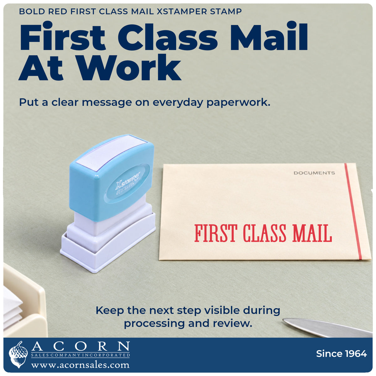 Bold Red First Class Mail Envelope Stamp being pressed to leave an imprint reading "First class mail"
