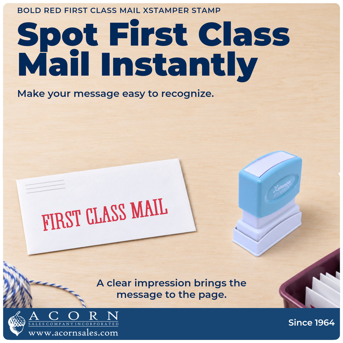 "First class mail" imprint on office paperwork beside the Bold Red First Class Mail Envelope Stamp