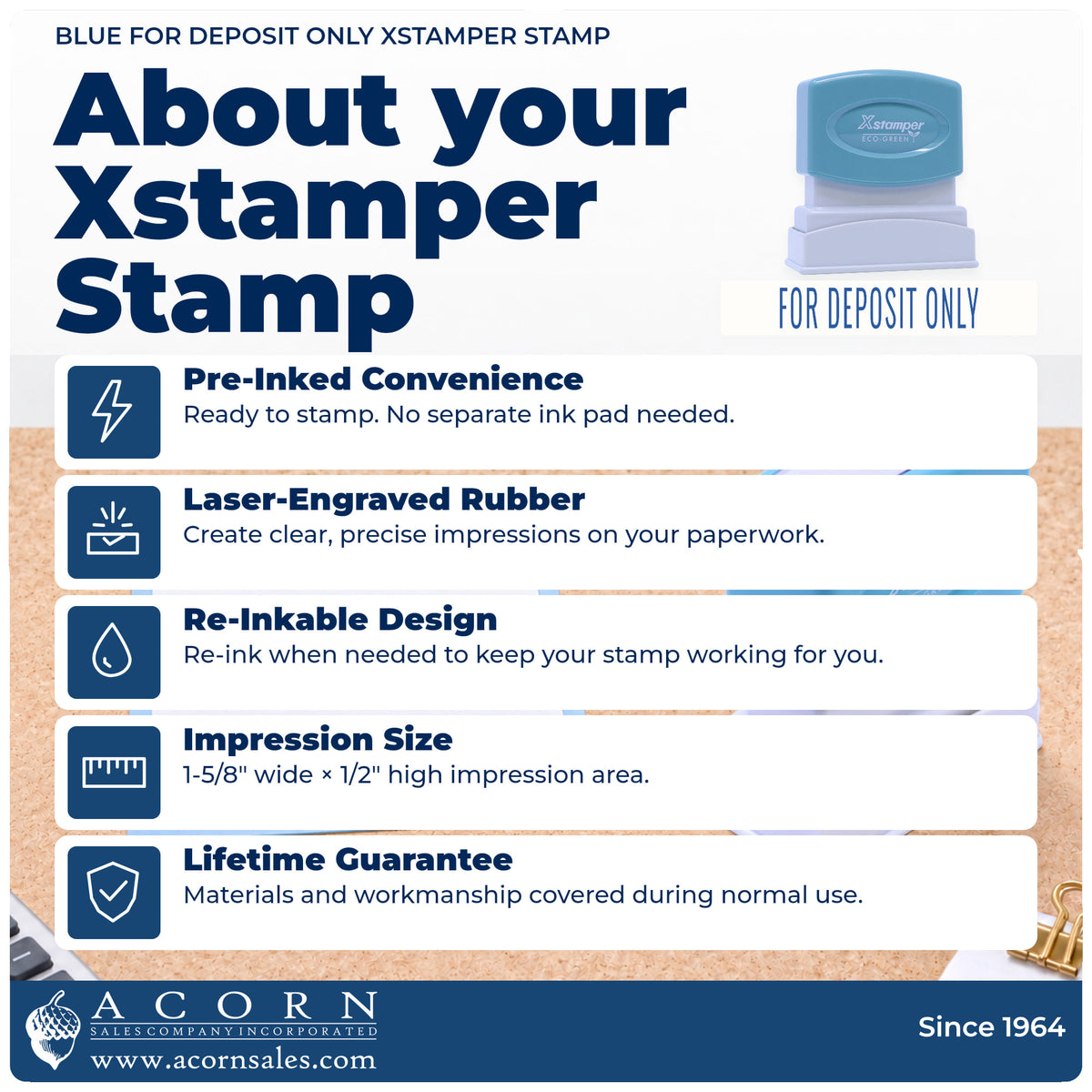 About your For Deposit Only Check Endorsement Stamp – Blue Pre-Inked Xstamper: Xstamper 1121 pre-inked stock stamp facts