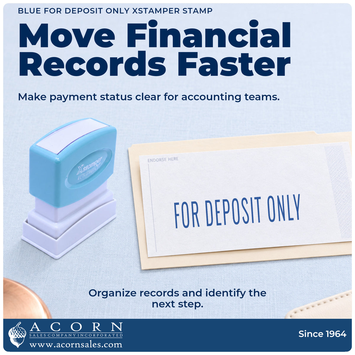 Office workflow showing where the "For deposit only" stamp marks documents