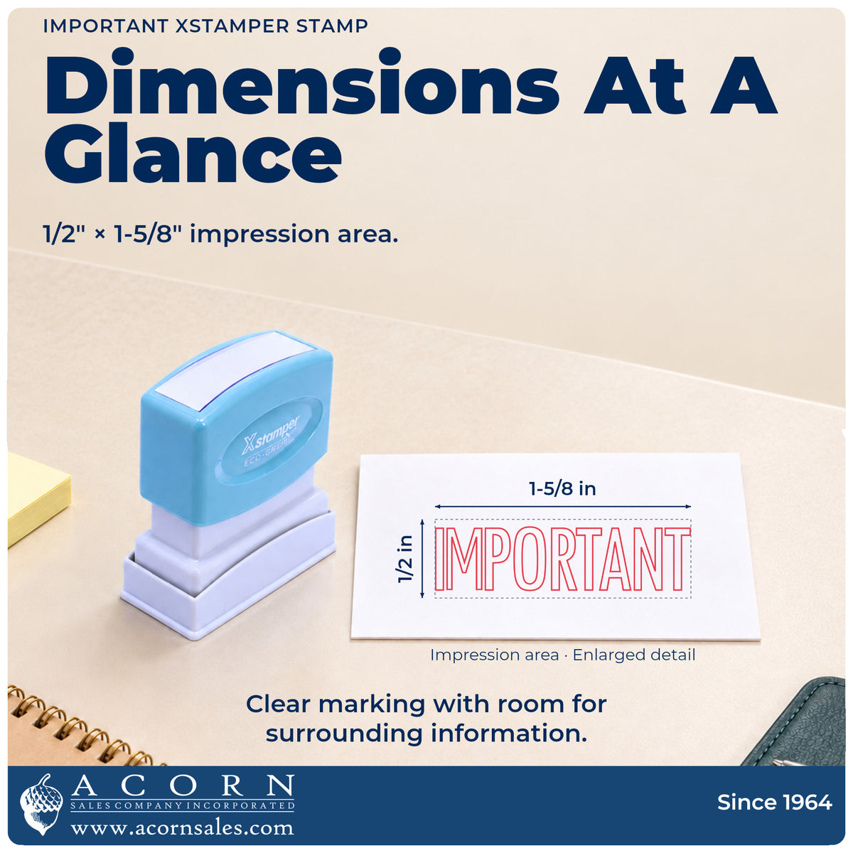 Impression size guide: the "Important" imprint measures 1-5/8 x 1/2 in
