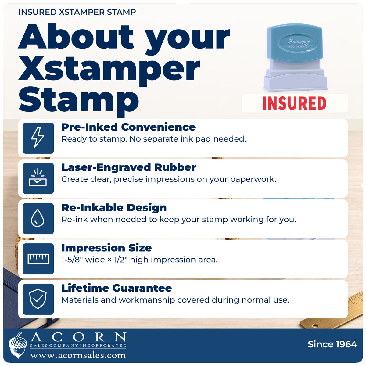 About your Insured Stamp For Mail Processing: Xstamper 1585 pre-inked stock stamp facts