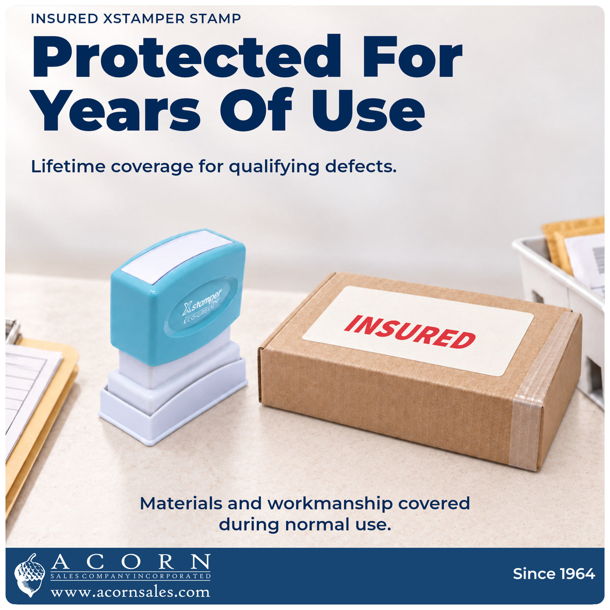 Lifetime guarantee graphic shown with the Insured Stamp For Mail Processing from Acorn Sales