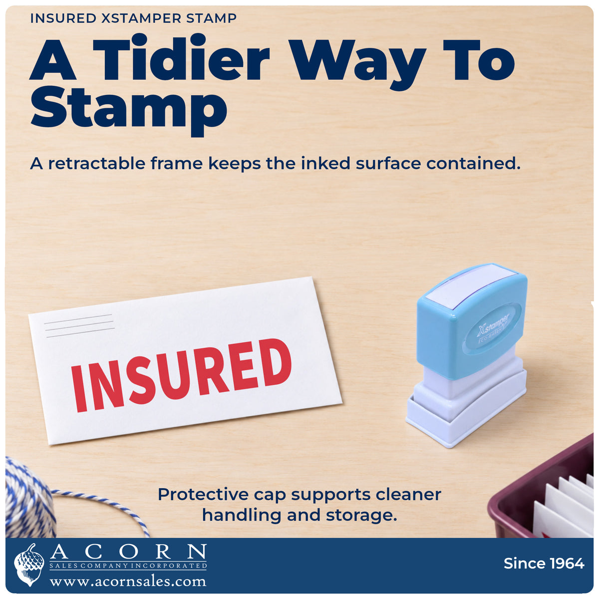 Features of the Insured Stamp For Mail Processing: pre-inked Xstamper 1585, 1/2 x 1-5/8 in imprint