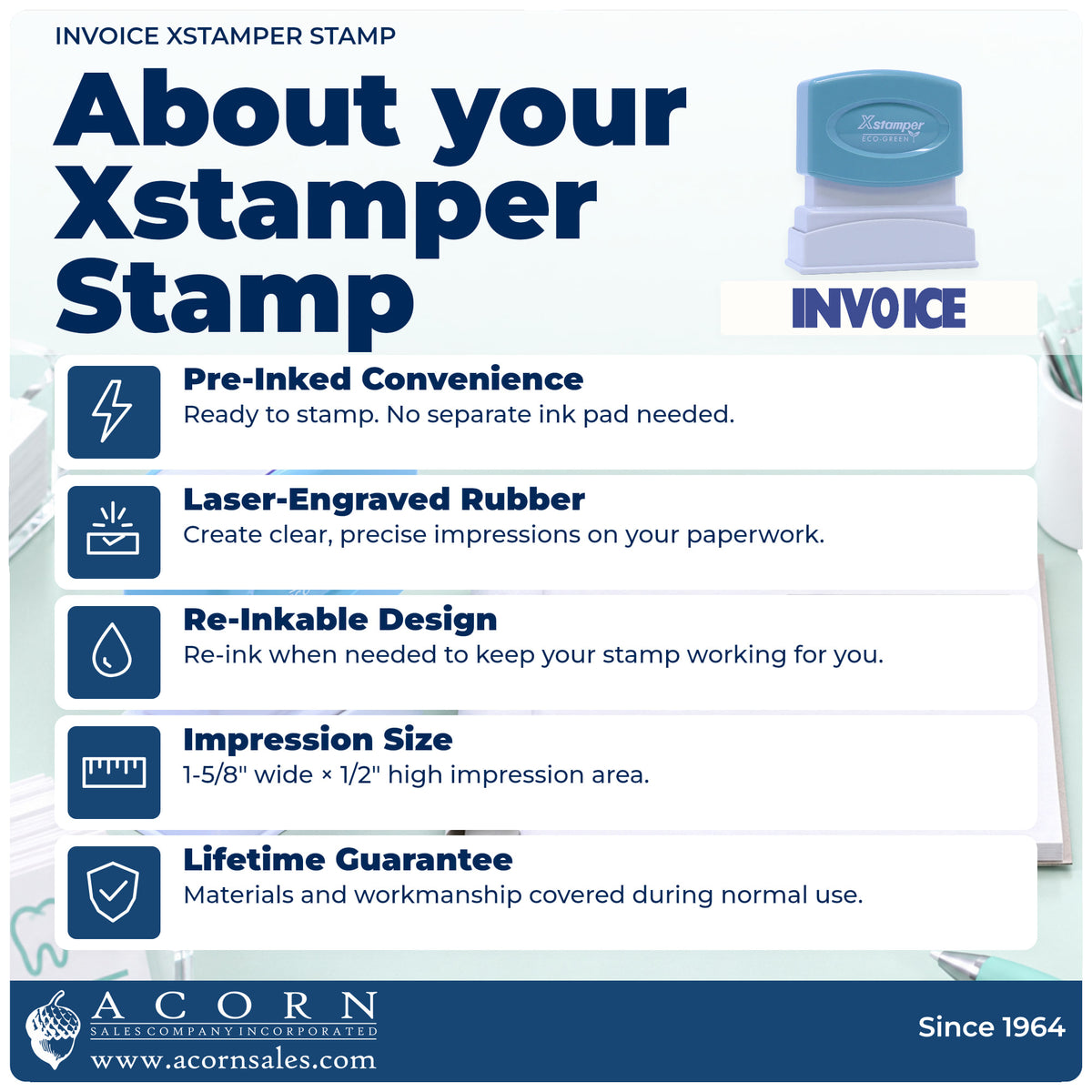 About your Xstamper Invoice Office Stamp: Xstamper 1053 pre-inked stock stamp facts