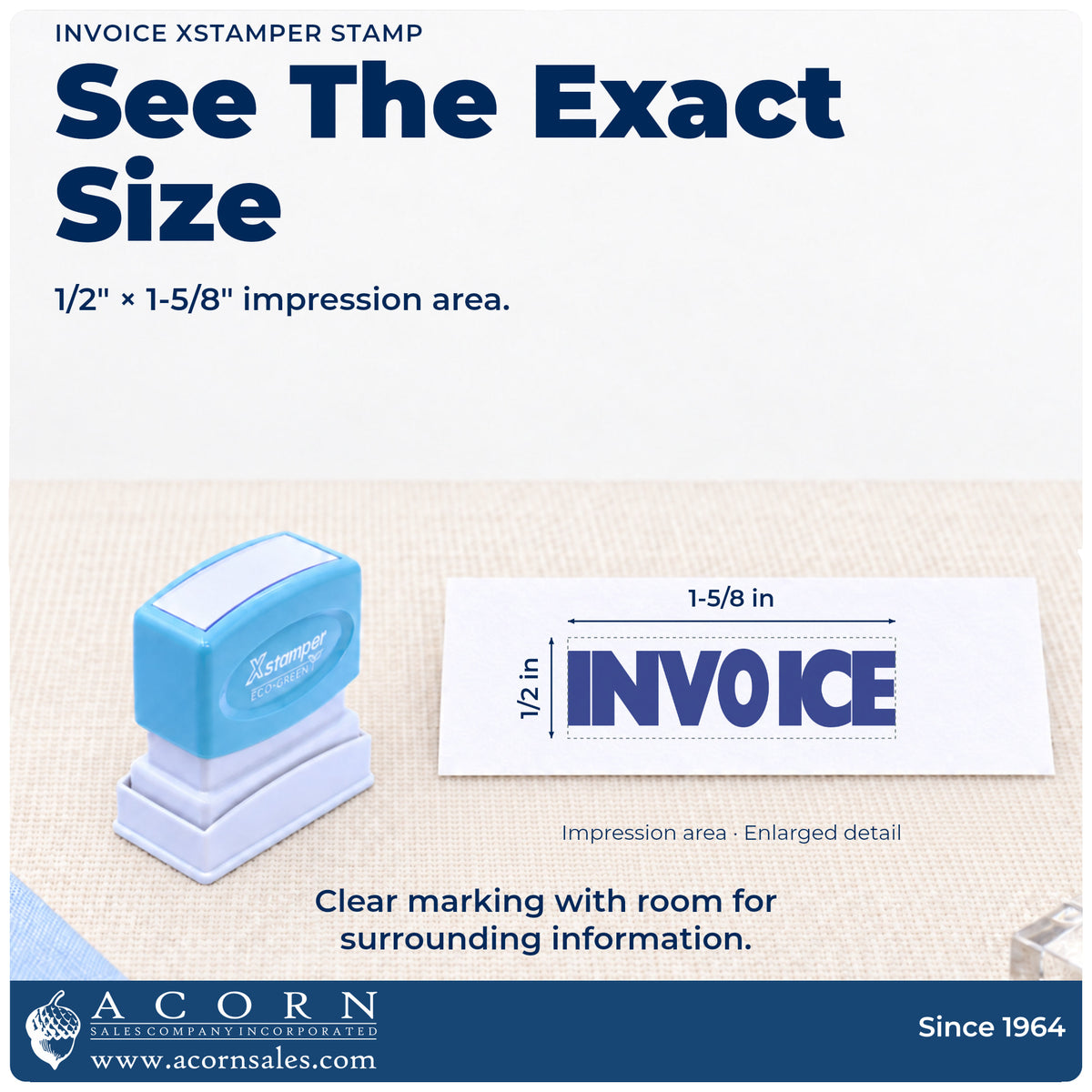 Impression size guide: the "Invoice" imprint measures 1-5/8 x 1/2 in