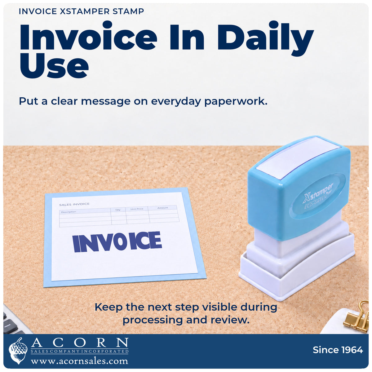 Xstamper Invoice Office Stamp being pressed to leave an imprint reading "Invoice"