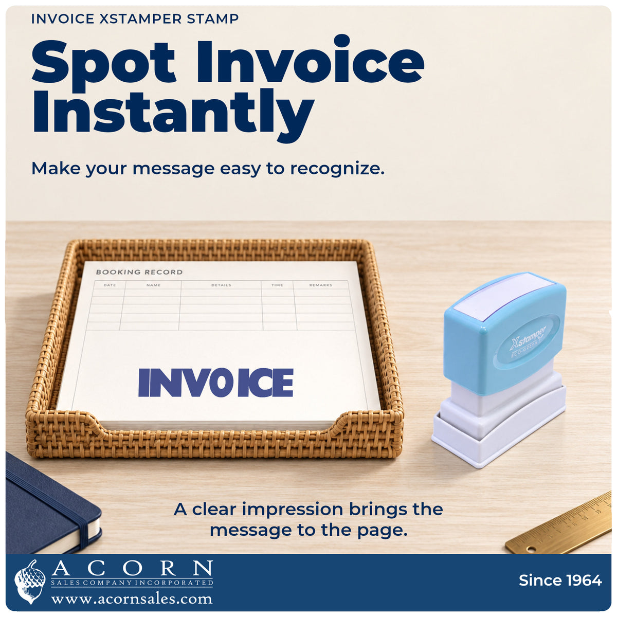 "Invoice" imprint on office paperwork beside the Xstamper Invoice Office Stamp