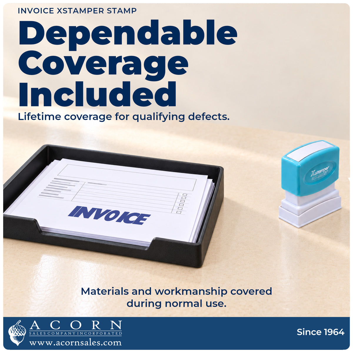 Lifetime guarantee graphic shown with the Xstamper Invoice Office Stamp from Acorn Sales