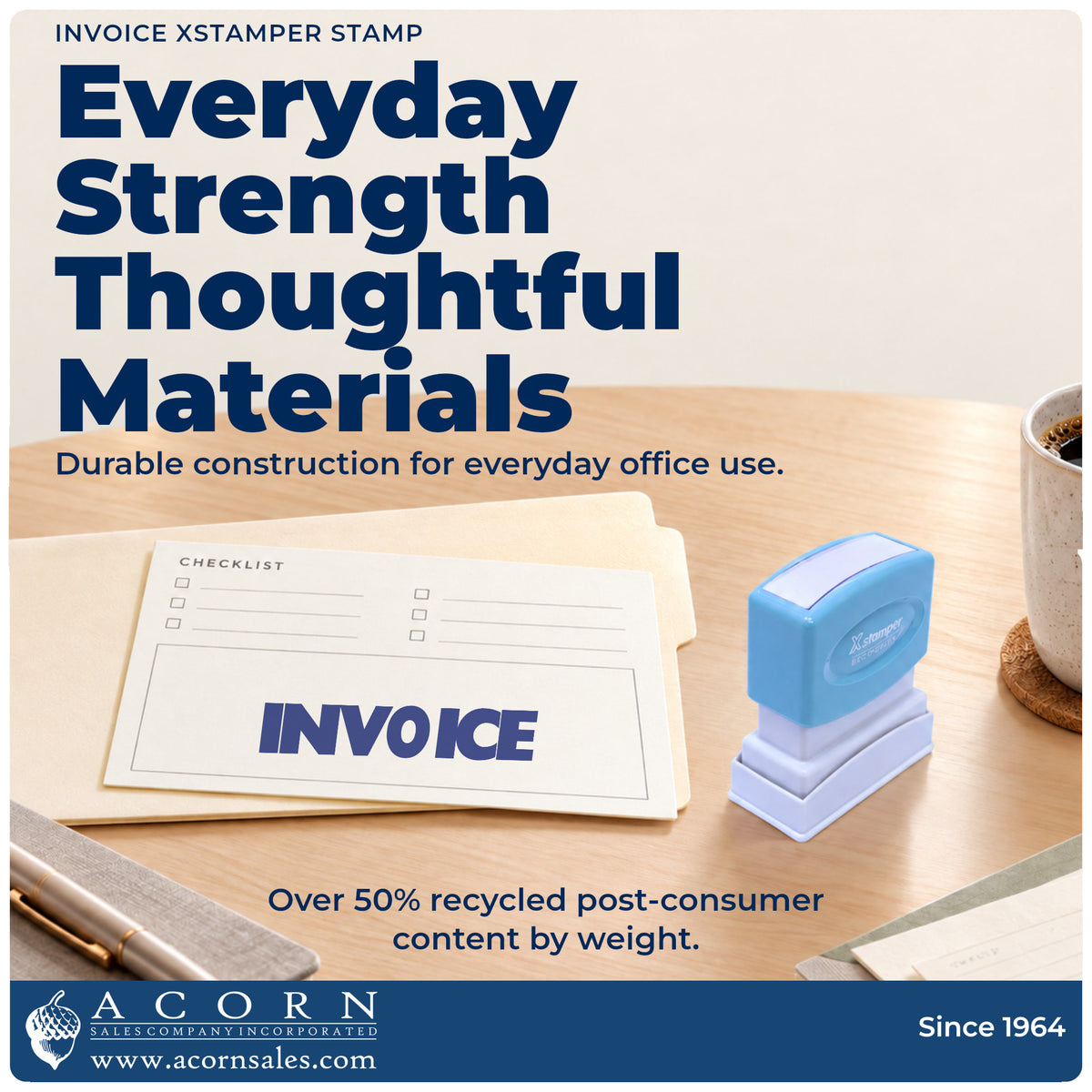 Features of the Xstamper Invoice Office Stamp: pre-inked Xstamper 1053, 1-5/8 x 1/2 in imprint