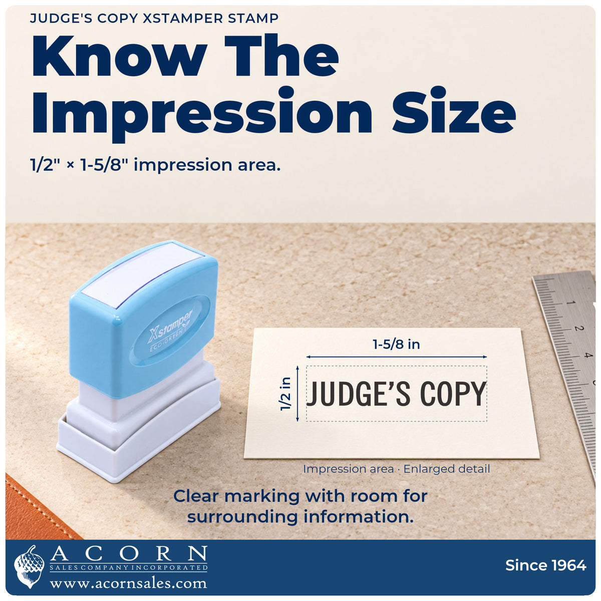 Impression size guide: the "Judge's copy" imprint measures 1/2 x 1-5/8 in