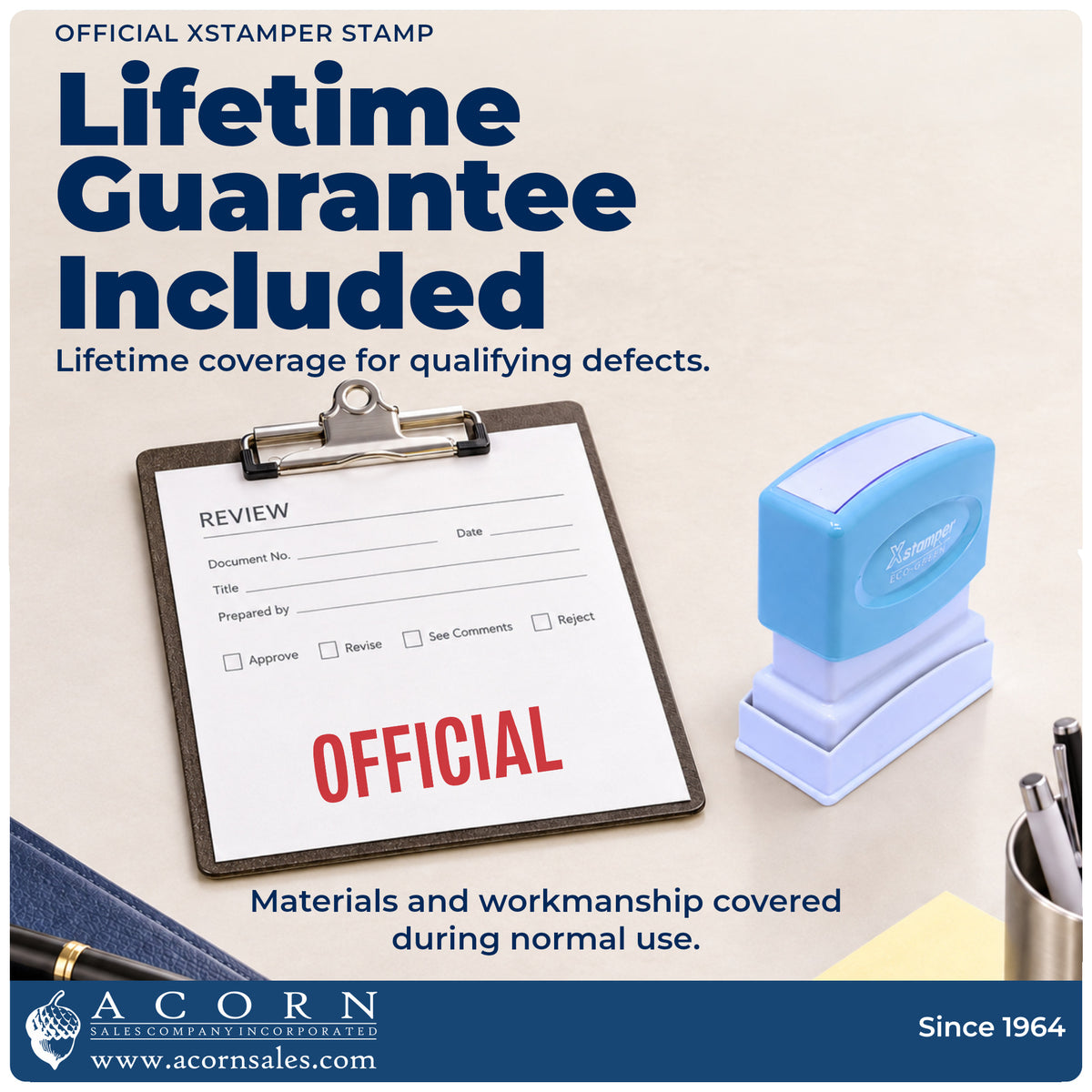 Lifetime guarantee graphic shown with the Xstamper Official Stamp from Acorn Sales
