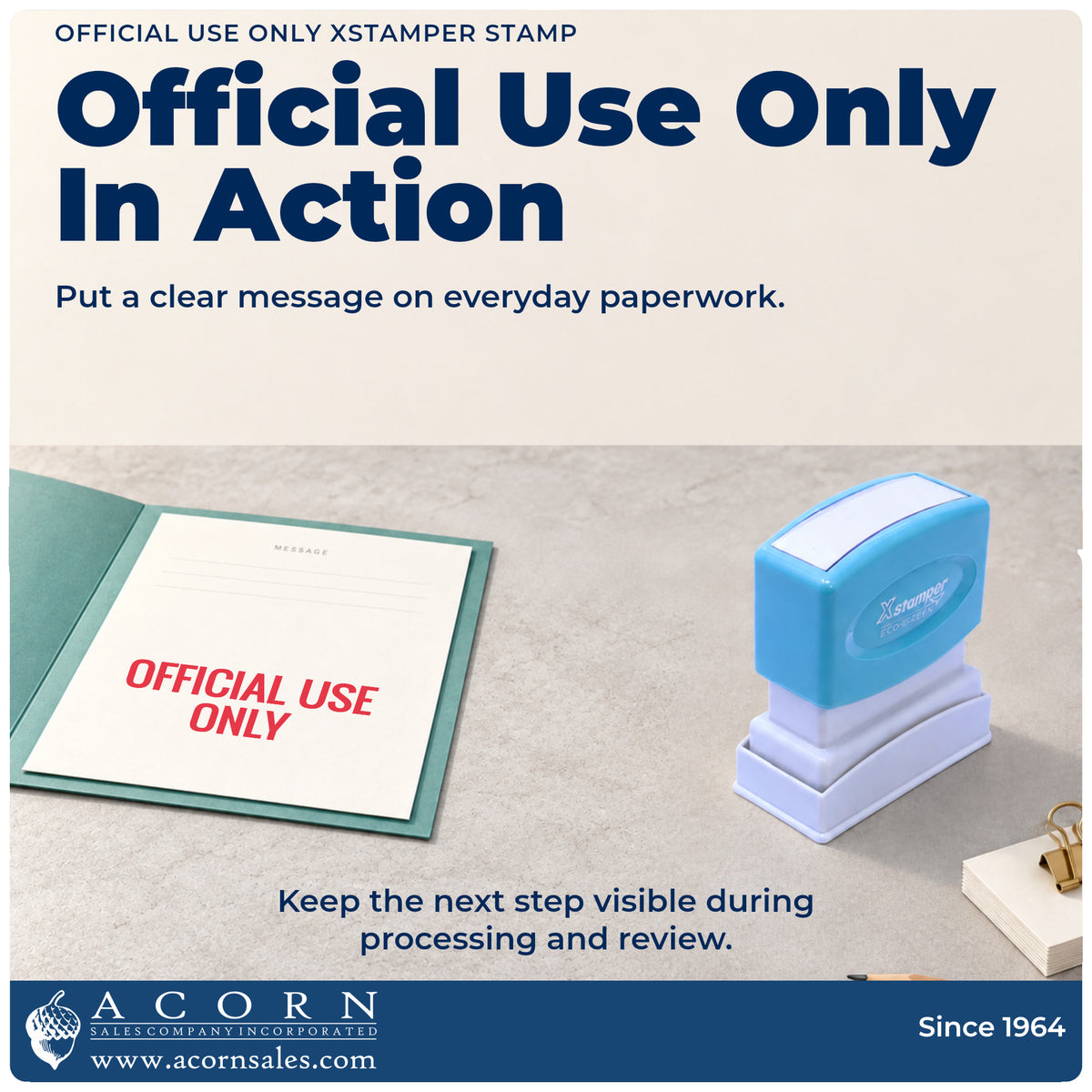 Xstamper Official Use Only Document Stamp being pressed to leave an imprint reading "Official use only"
