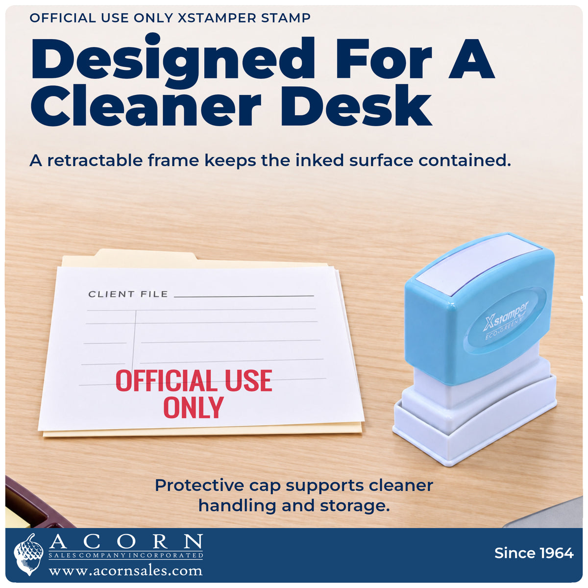 Features of the Xstamper Official Use Only Document Stamp: pre-inked Xstamper 1052, 1/2 x 1-5/8 in imprint