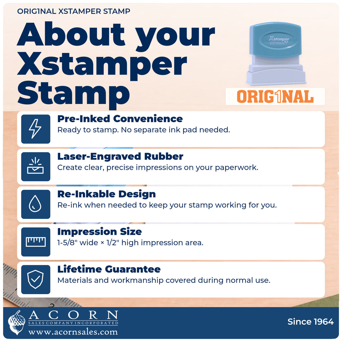 About your Orig1Nal Stamp: Xstamper 1824 pre-inked stock stamp facts