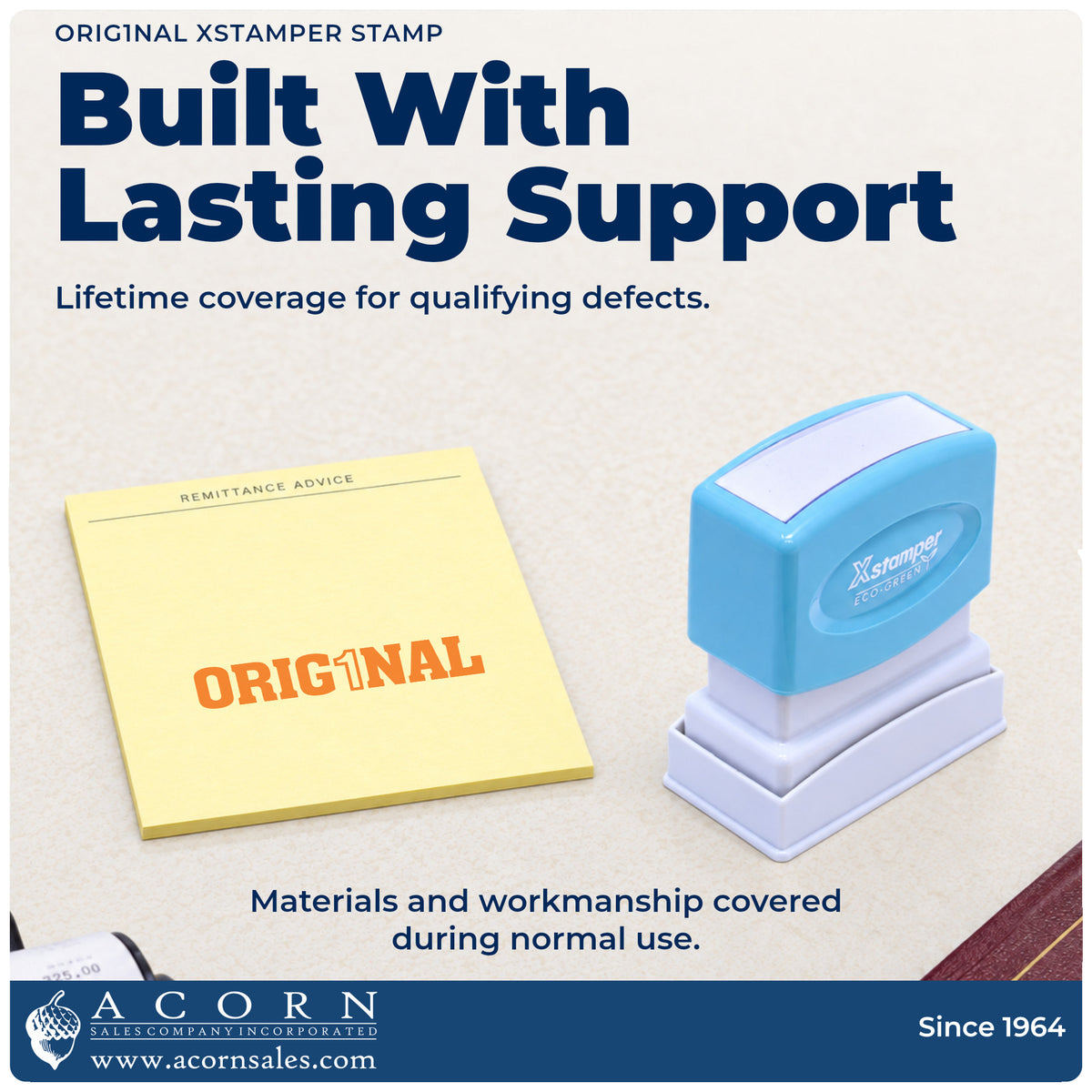 Lifetime guarantee graphic shown with the Orig1Nal Stamp from Acorn Sales