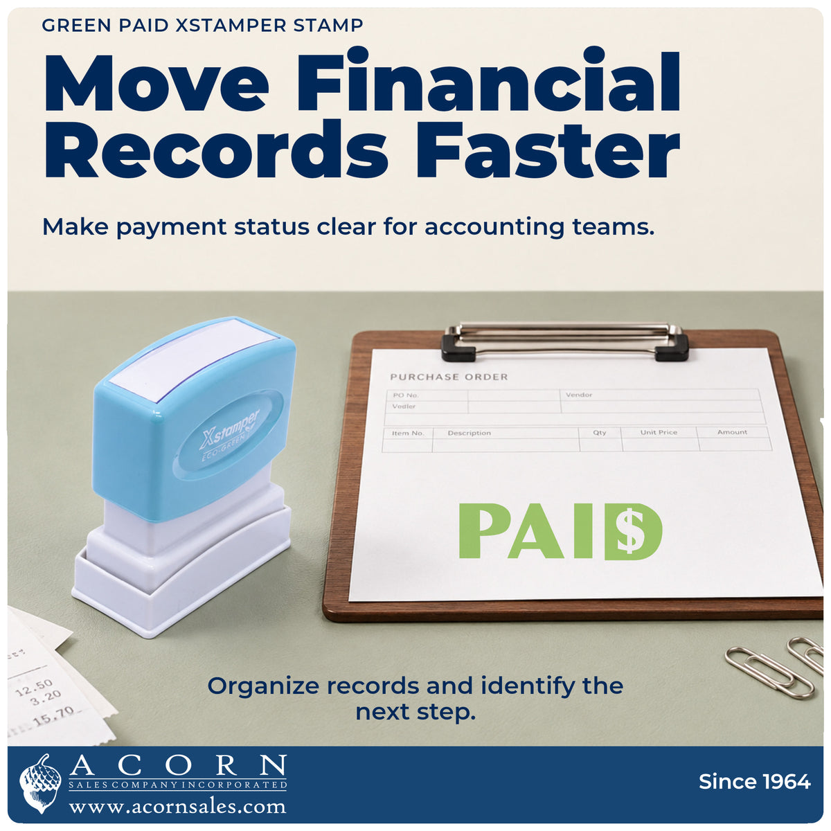 Office workflow showing where the "Paid" stamp marks documents
