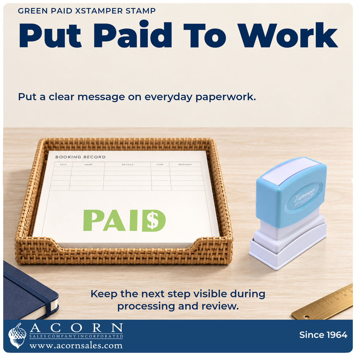 Green Paid Accounting Stamp being pressed to leave an imprint reading "Paid"