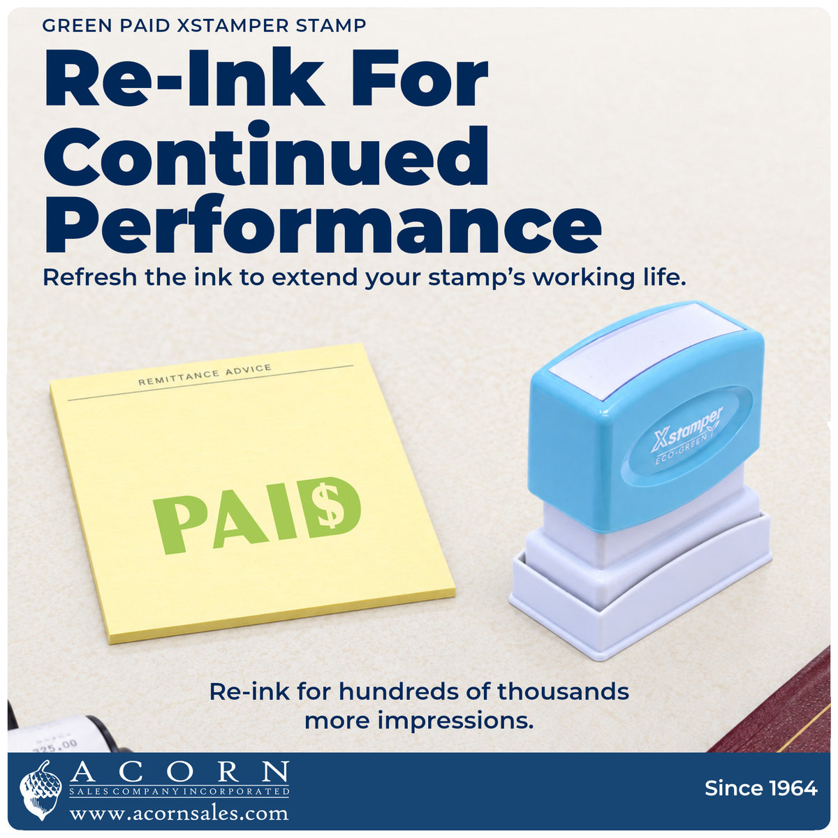 Re-inkable pre-inked build of the Green Paid Accounting Stamp shown in detail